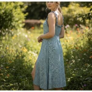 Louna Teal Calico Smocked Midi Nap Dress MEDIUM Sundress Cottage Side Slit  $240